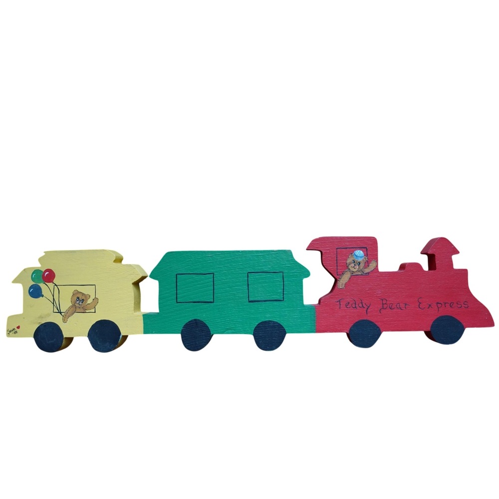 Vintage wooden teddy bear express train nostalgic nursery kids room decor